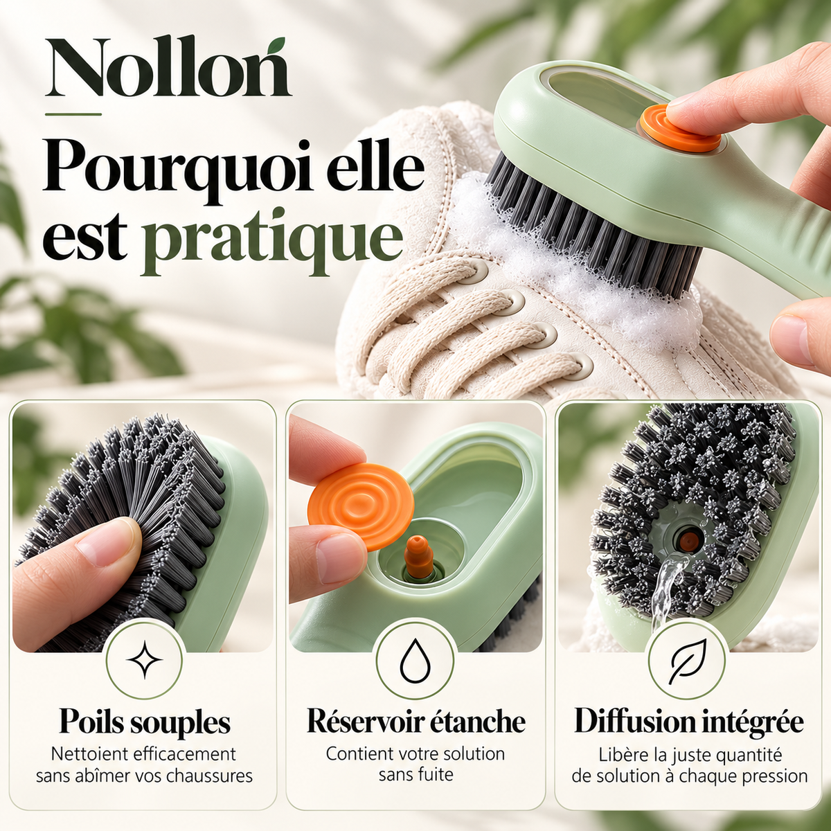 Nollon Pré-Brosse 360° – Brosse à chaussures avec réservoir
