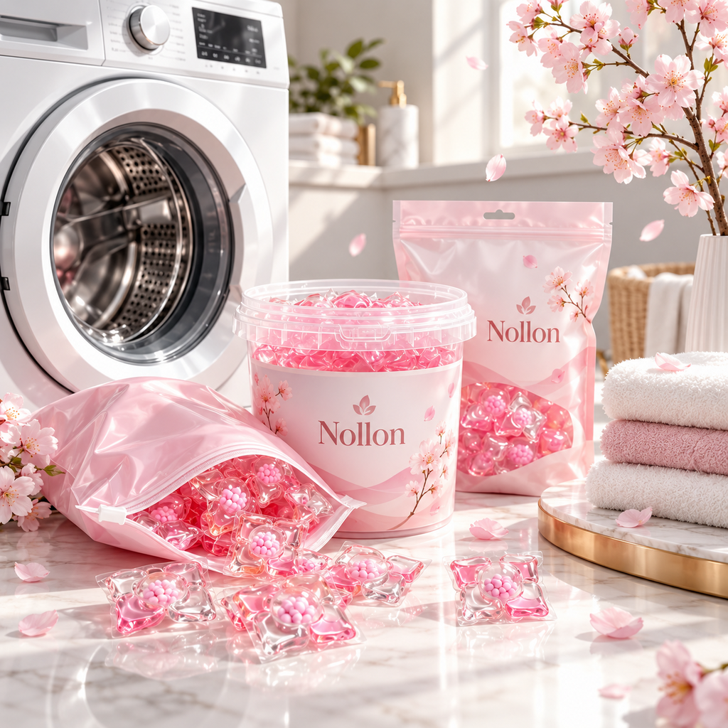 Capsules Nollon Fleur de Cerisier dans un univers de buanderie premium