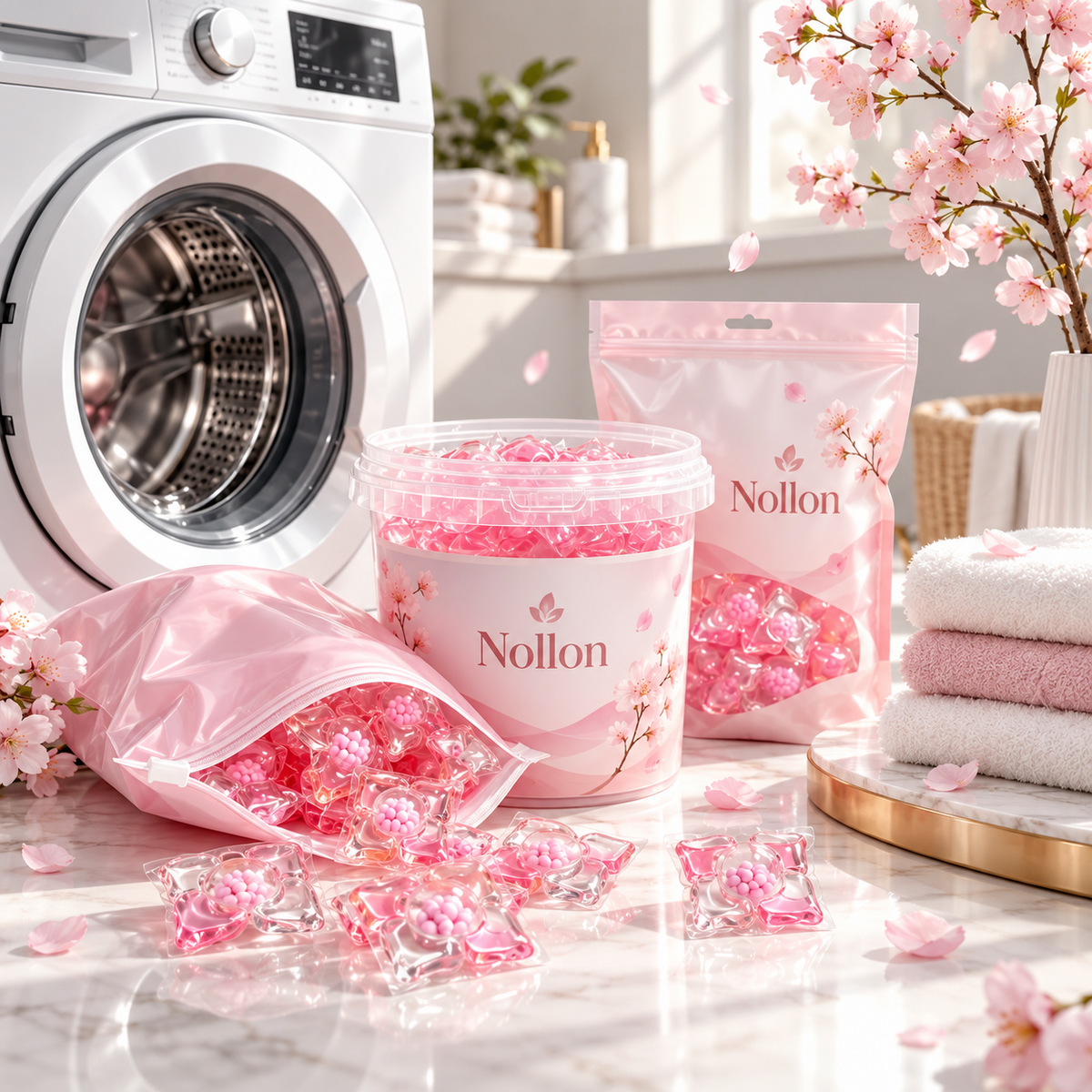 Capsules Nollon Fleur de Cerisier dans un univers de buanderie premium