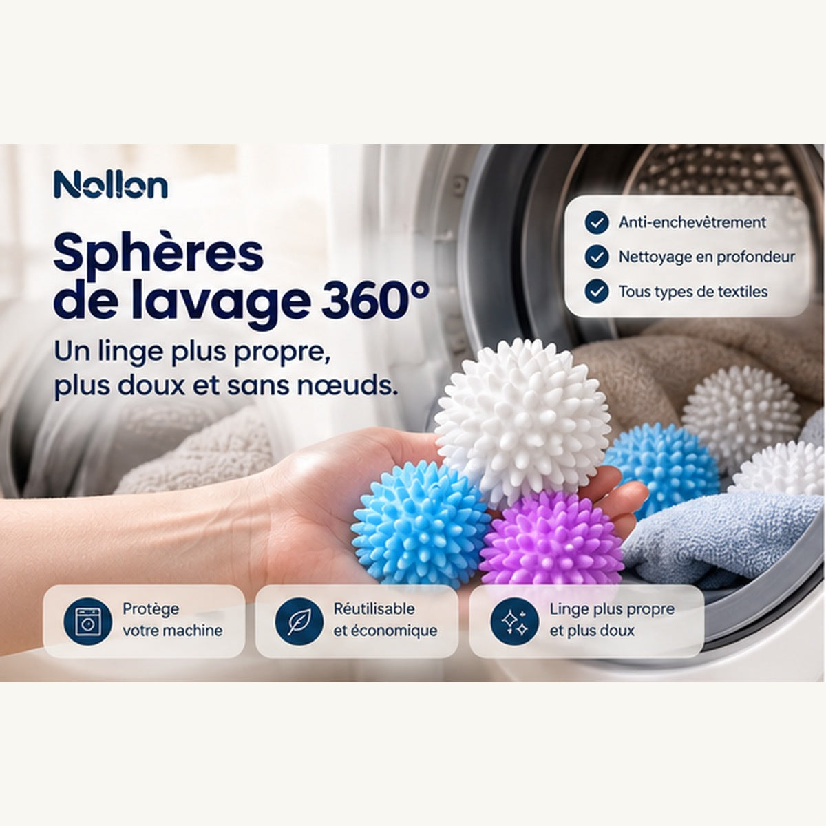 Nollon Sphères Lavage 360° dans un tambour de lave-linge