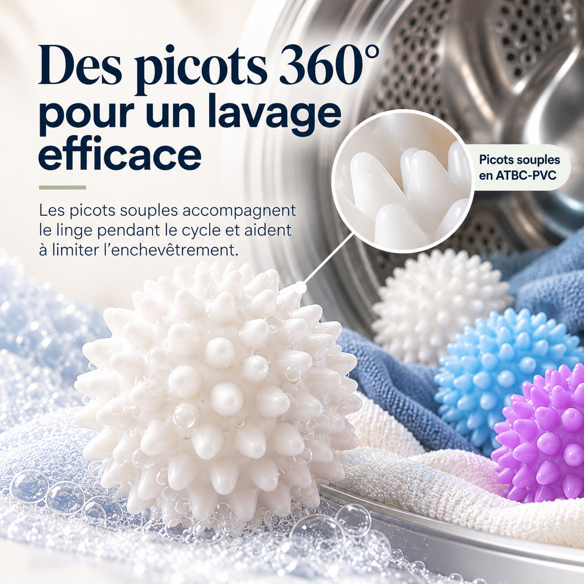 Nollon Sphères Lavage 360° – picots souples anti-enchevêtrement